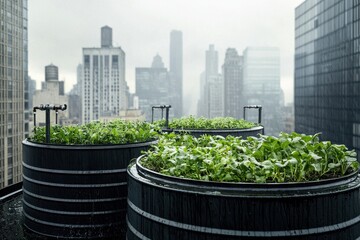 Fototapeta premium Enhancing urban sustainability embracing green rooftops and rainwater tanks for climate resiliency