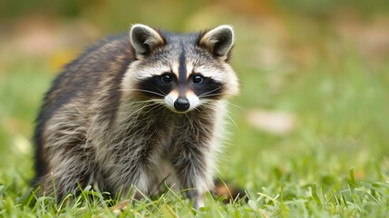 Naklejka premium Curious Raccoon in Backyard Surrounded by Grass, Perfect for Wildlife and Nature Photography