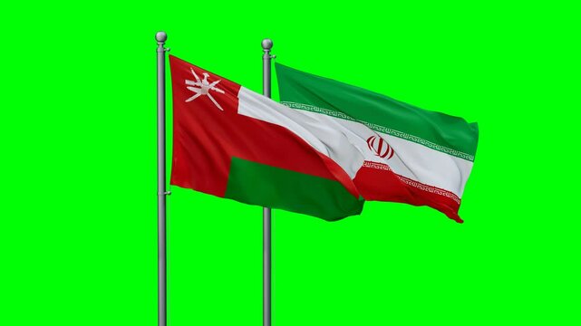 Iran and Oman two flags waving together on blue , video concept of the relationship with colored chroma key for easy background remove