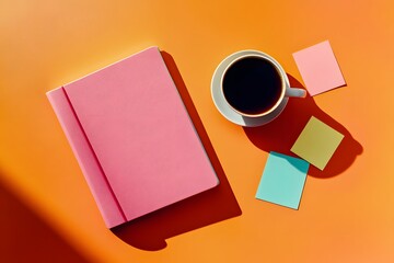 A pink notebook, post-it notes, and coffee on an orange background. The scene is captured from above in a realistic photographic style
