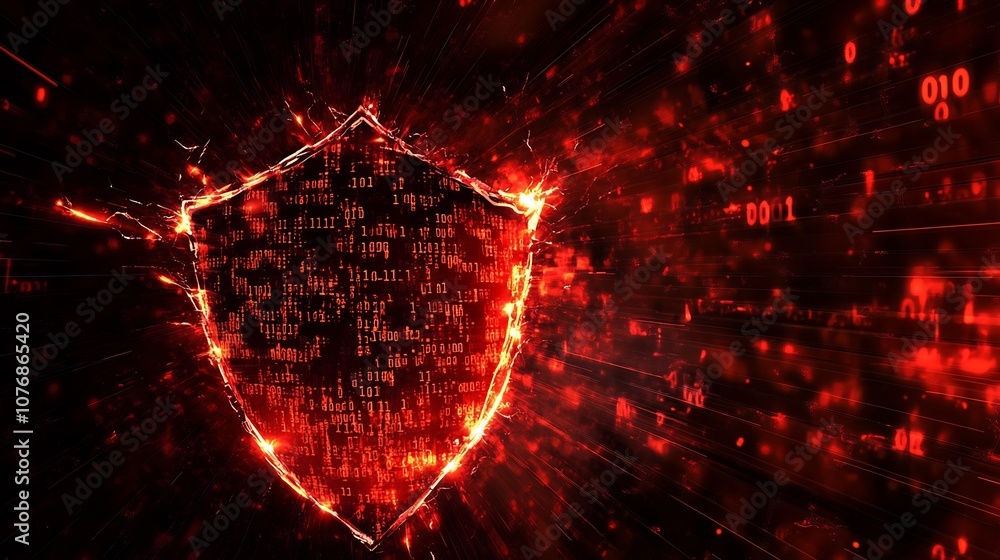 Aufkleber glowing binary code and cracked digital shield symbolizing cyber risk warning