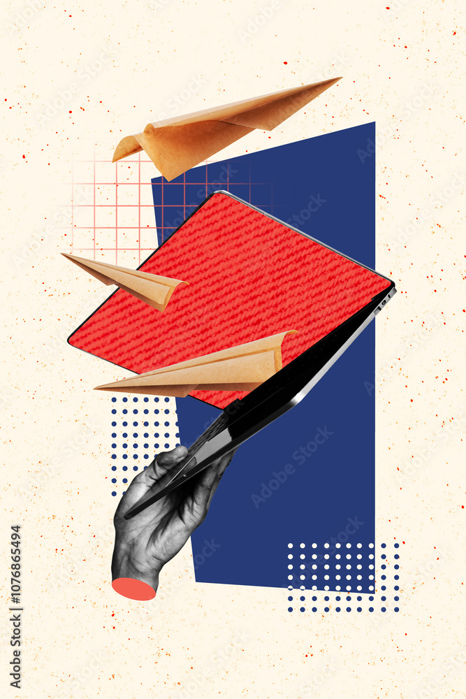 Poster composite trend artwork 3d sketch image photo collage of hand hold open laptop computer display scre