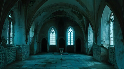 Obraz premium A dimly lit, abandoned space with gothic architecture and large windows.