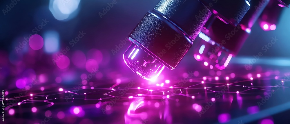 Poster close-up view of a robotic arm with a purple light interacting with a circuit board.