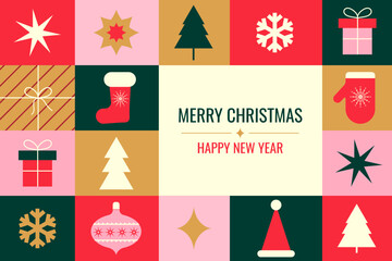 Merry Christmas and Happy New Year. Vector minimalistic geometric card, banner, cover, wallpaper. Trendy checkered pattern with Christmas icons.
