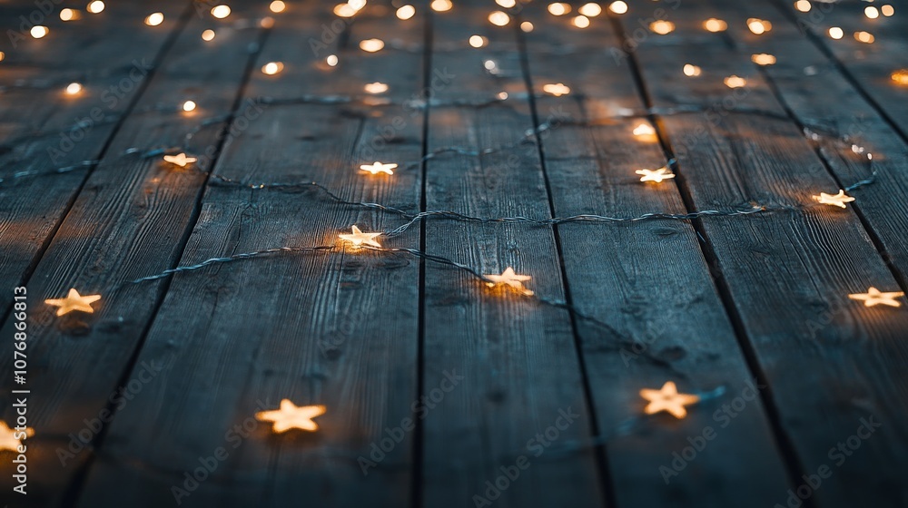 Wall mural Warm glow of star string lights on rustic wooden floor