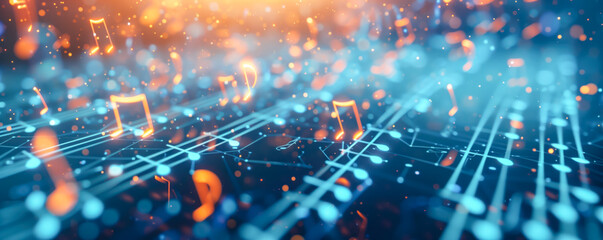 Fototapeta premium Golden burning musical notes on the dark background. Musical banner