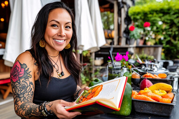 Smiling woman with tattooed arm reading a cookbook outdoors, surrounded by fresh colorful vegetables and a green smoothie