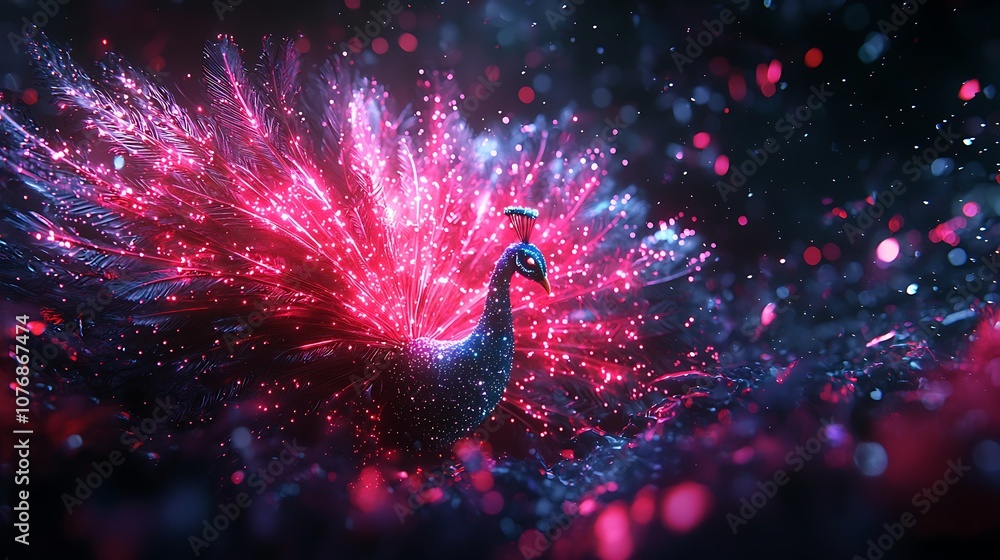 Poster stunning peacock with vibrant illuminated feathers standing amidst a sparkling celestial background 