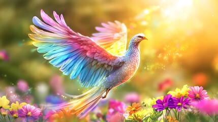 Obraz premium Majestic Colorful Bird Spreading Wings Above Vibrant Flowers Under a Golden Sky in a Magical Garden Scene for Nature and Wildlife Photography