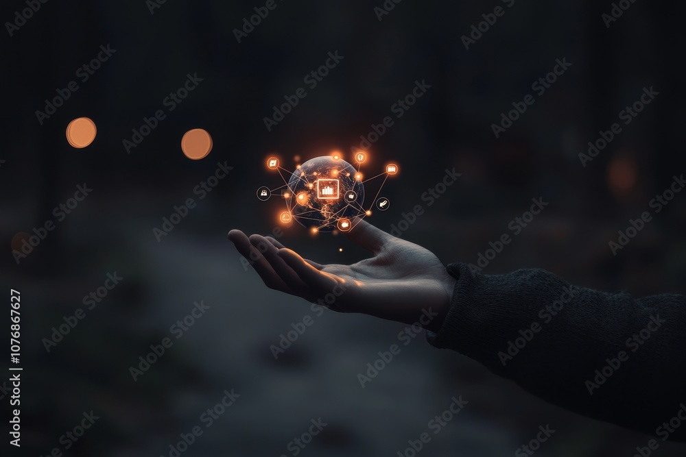 Poster hand holding virtual world with connection and technology icon for globalisation through metaverses 