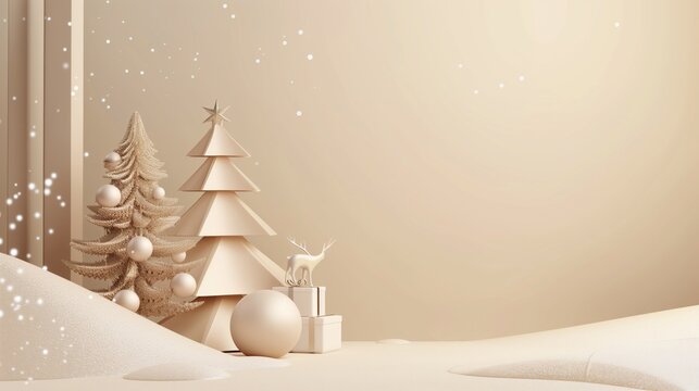 Elegant monochrome Christmas scene featuring stylistic trees, gifts, and a reindeer sculpture in a snowy setting.