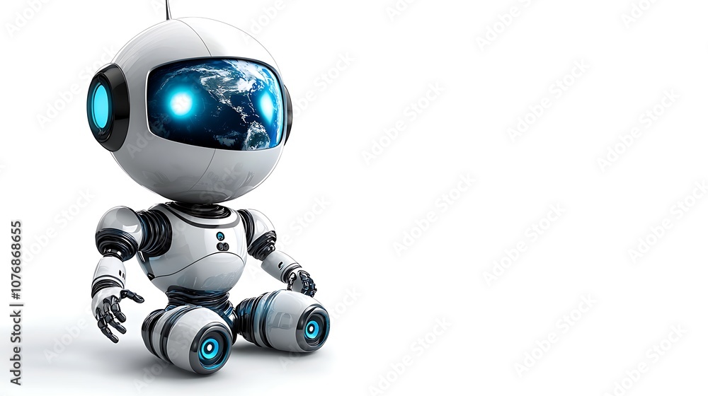 Poster cute and friendly robot character with earth reflection in eyes, futuristic design and playful appea