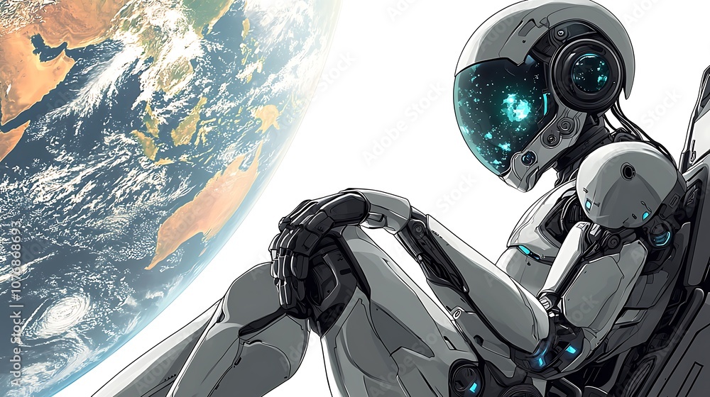 Poster futuristic robot contemplating earth as a background, symbolizing technology, isolation, and humanit