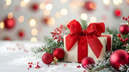 Festive Gift Box with Red Ribbon and Christmas Decorations