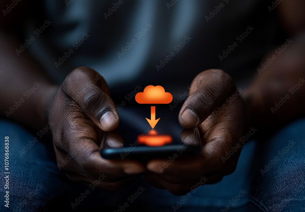 Poster an individual holding a smartphone with a virtual cloud computing application on it. cloud computing