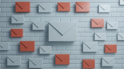 A creative display of various envelopes arranged on a textured wall, combining red and white colors, symbolizing communication and correspondence.