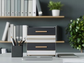 Slimline metal document storage shelf with minimalist handles, sleek and functional for a modern workspace