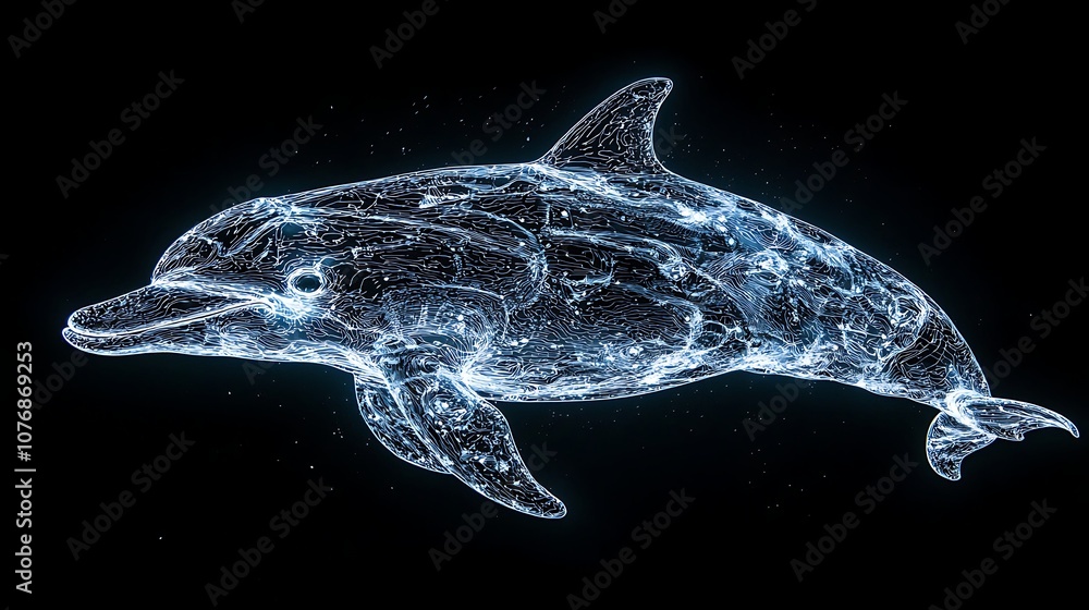 Aufkleber ethereal representation of a dolphin in futuristic digital style with glowing lines and sparkling pa