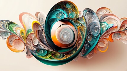 Complex abstract spiral design with vibrant colors and layered details in swirling, dynamic formation.