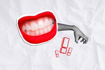 Creative collage picture woman mouth face fragment grinning lips angry aggression bullying...