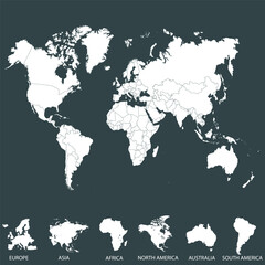 World map. Silhouette map. Continents.