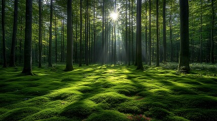 Obraz premium Sunbeams shining through a dense forest, illuminating the mossy forest floor.