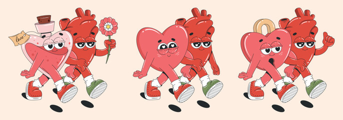 Obraz premium Set of retro cartoon characters and elements for Valentine's Day. Trendy groovy style stickers. Heart, pink love potion. 