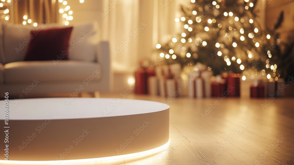 Poster A white round platform with glowing lights sits in the foreground of an image.
