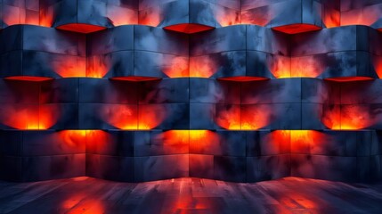 A wall with a lot of red lights and a black background