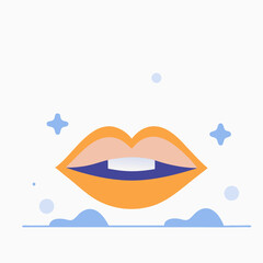 A cartoon of a mouth with a toothbrush in it. The mouth is orange and the toothbrush is blue
