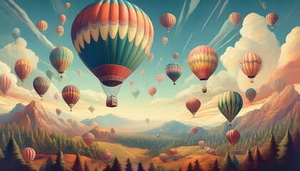 Naklejka premium Colorful Hot Air Balloon Illustration in Scenic Sky non-urban scene