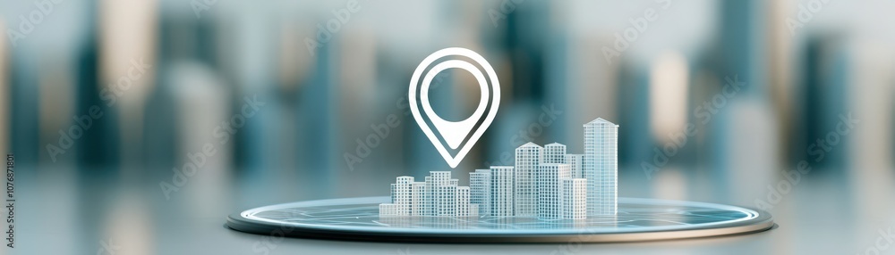 Poster a digital map marker icon overlays a stylized city skyline, representing location-based services and