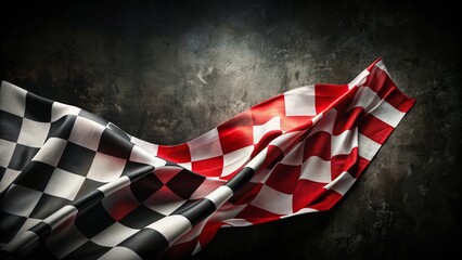 Vintage Style Racing Banner with Black Background and Red Checkered Flag Light Stripes for Magazine Cover, Featuring Feminine Touch in Simple Composition