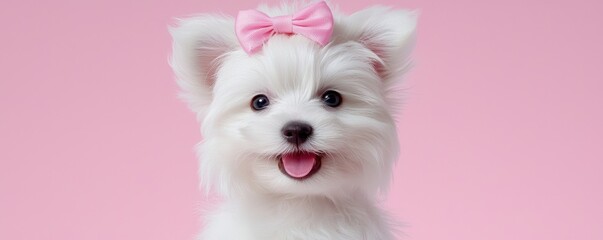 Obraz premium Puppy wearing a pastel bow on its head, vibrant and happy portrait on a soft pink background