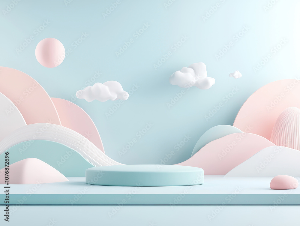 Poster serene pastel dreamscape featuring soft clouds, hills, and circular platform, creating whimsical and