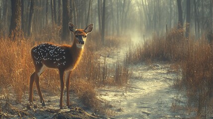 A deer wanders between the past and future forest, illustrating the stark impact of global warming on nature