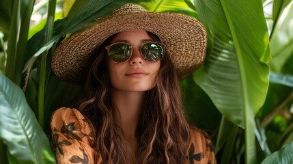 A woman wearing a straw hat and sunglasses is posing in a jungle setting