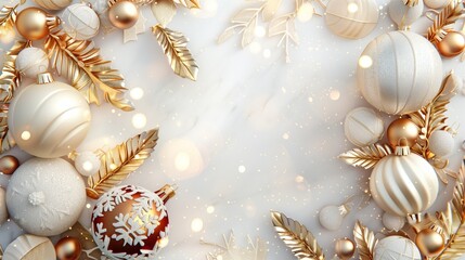 Obraz premium Elegant Christmas and New Year's background with gold and white ornamentation and glowing lights.