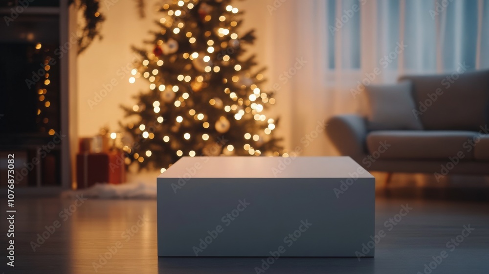 Poster a white, rectangular platform rests on a wooden floor in a dimly lit living room. the platform is in