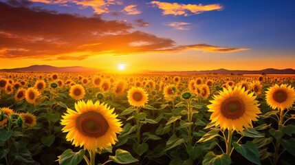 Fototapeta premium Golden Light Over a Field of Sunflowers, Sunflowers Awakening Under Sunrise Light