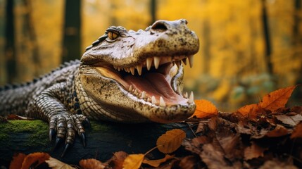 Obraz premium Portrait of happy crocodile rejoices in autumn.