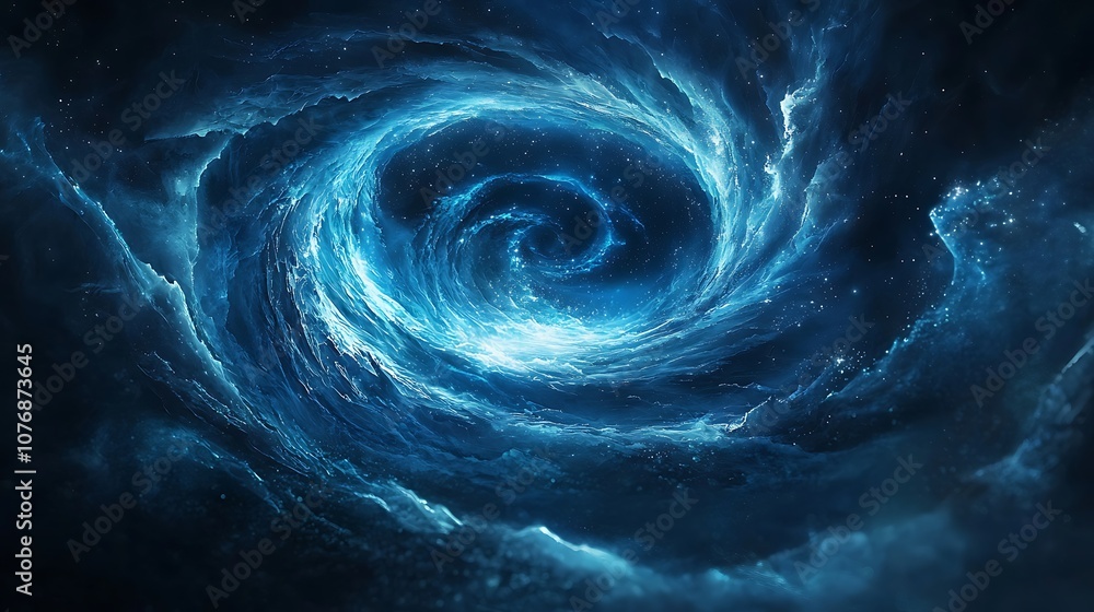 Poster cosmic vortex of brilliant blue colors and swirling patterns against a dark background capturing the