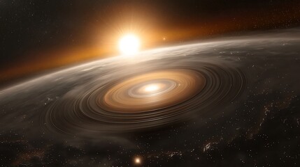 Obraz premium Stunning Cosmic View of a Spiral Planetary Disk with a Brilliant Star Rising in the Distance, Illuminating the Infinite Depths of Space