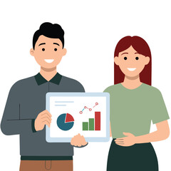 man and woman holding tablet with marketings.eps