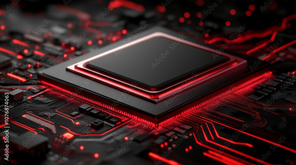 Poster intricate closeup of a computer processor on dramatic black and red background, exploring the power 