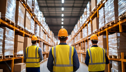 Three workers in safety vests and helmets in warehouse aisle, overseeing logistics operations and inventory management