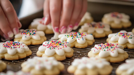 Baking cookies with colorful icing and sprinkles brings joy and creativity. Hands carefully decorate flower shaped cookies, showcasing festive spirit and delicious treats