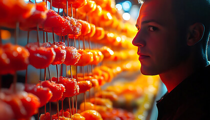 Man observing vibrant skewered appetizers at lively party, showcasing colorful display of sodium rich treats that create inviting atmosphere