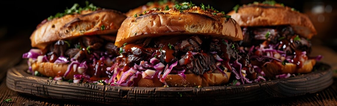 Three sandwiches with coleslaw and meat on a wooden board - Powered by Adobe